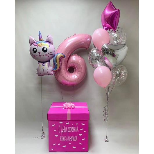 Купить Коробка сюрприз с шарами котенок единорог - магазин воздушных шариков