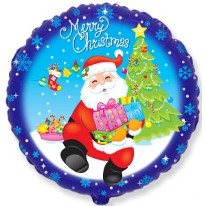 Фольгированный шар Круг, Санта с подарками, Синий