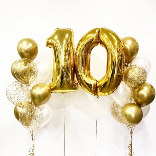 Купить Фонтан из воздушных шаров с цифрой 10 золото - магазин воздушных шариков