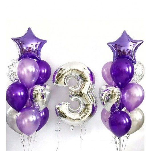 Купить Набор воздушных шаров фиолетовое серебро с цифрой - магазин воздушных шариков